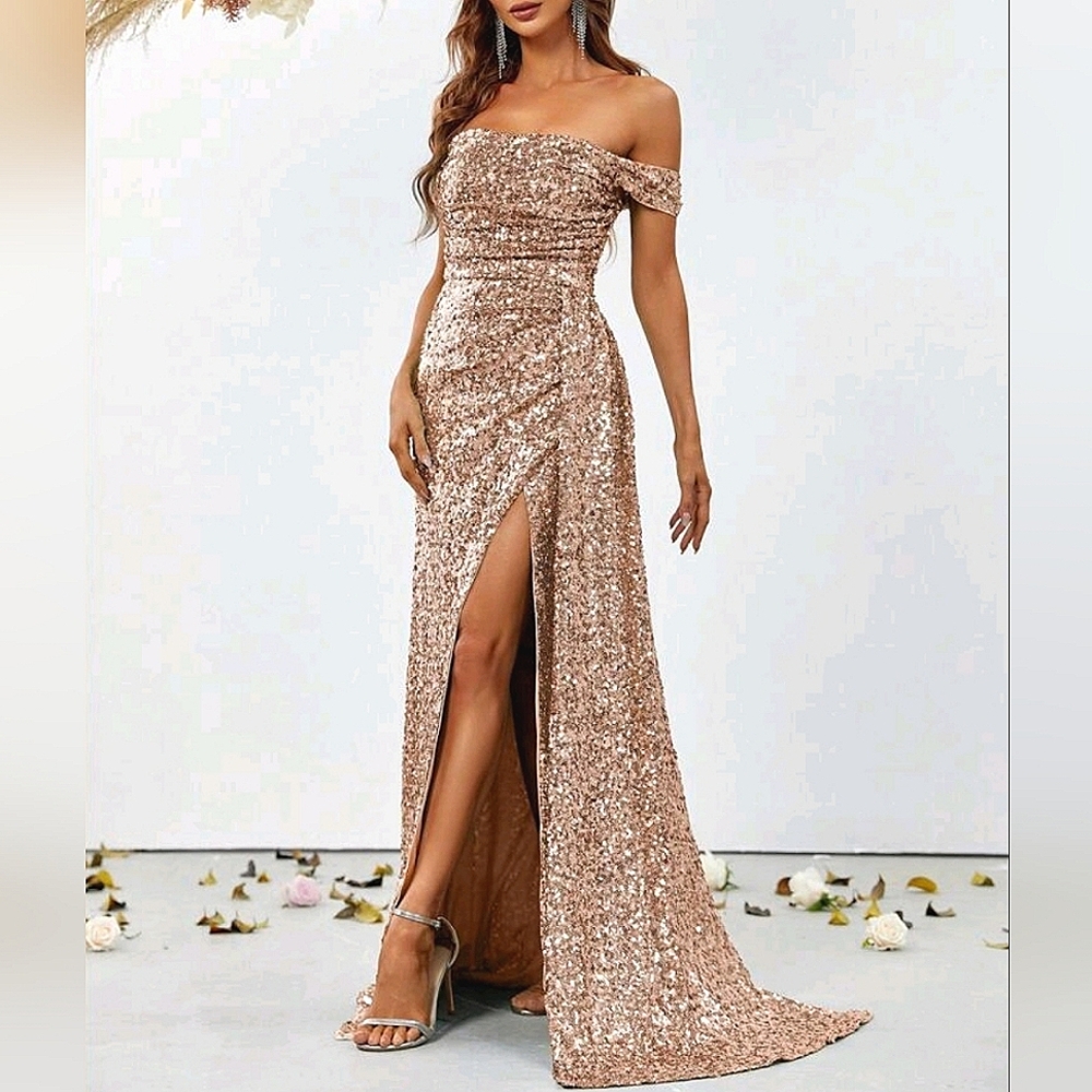 New Glam Sequin Off Shoulder Ruched Maxi Gown Dress Champagne Gold